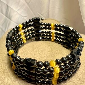 36” long strands of Magnetic Hematite + yellow beads wrap bracelet, or choker.